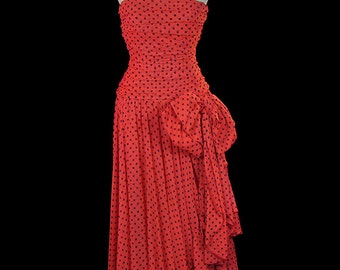 Louis Feraud gown, strapless red maxi dress, ruched red polka dot, drop waist ruffle hem big bow French couture red carpet formal