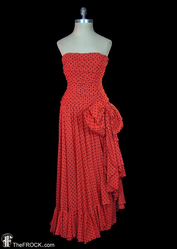 Louis Feraud gown, strapless red maxi dress, ruched red polka dot, drop waist ruffle hem big bow French couture red carpet formal