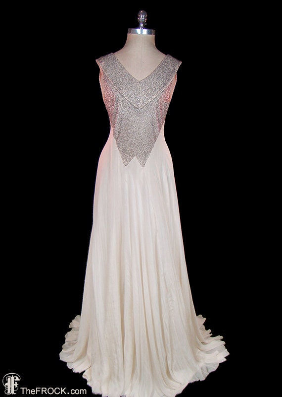 1930s Art Deco wedding, evening dress, beaded sil… - image 2