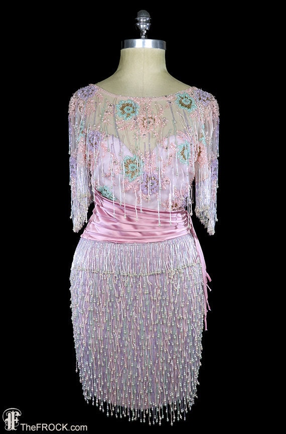 Zandra Rhodes Beaded Fringe Dress, 1980s Avant Garde Cocktail Wedding Reception Cocktail MOB, Silk Satin, Body Con, 80s Pink Mauve Flowers