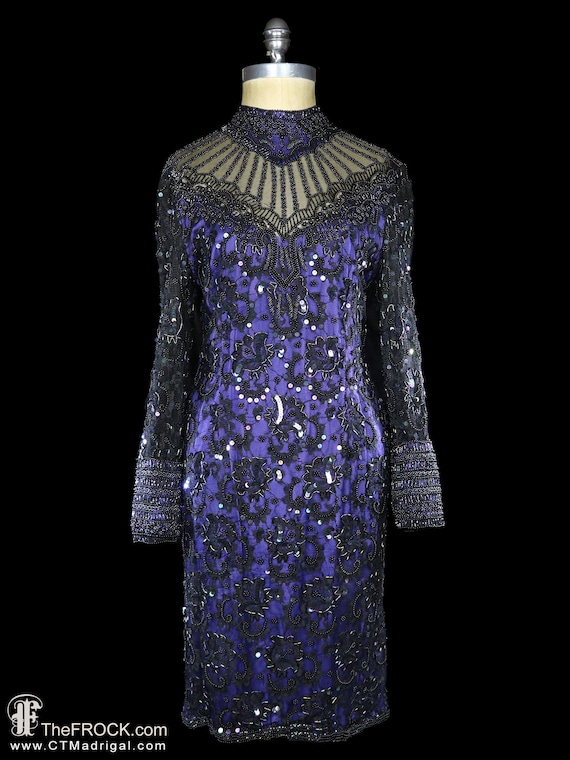 Oscar De La Renta Beaded Sequined Dress, Vintage LBD Black Lace