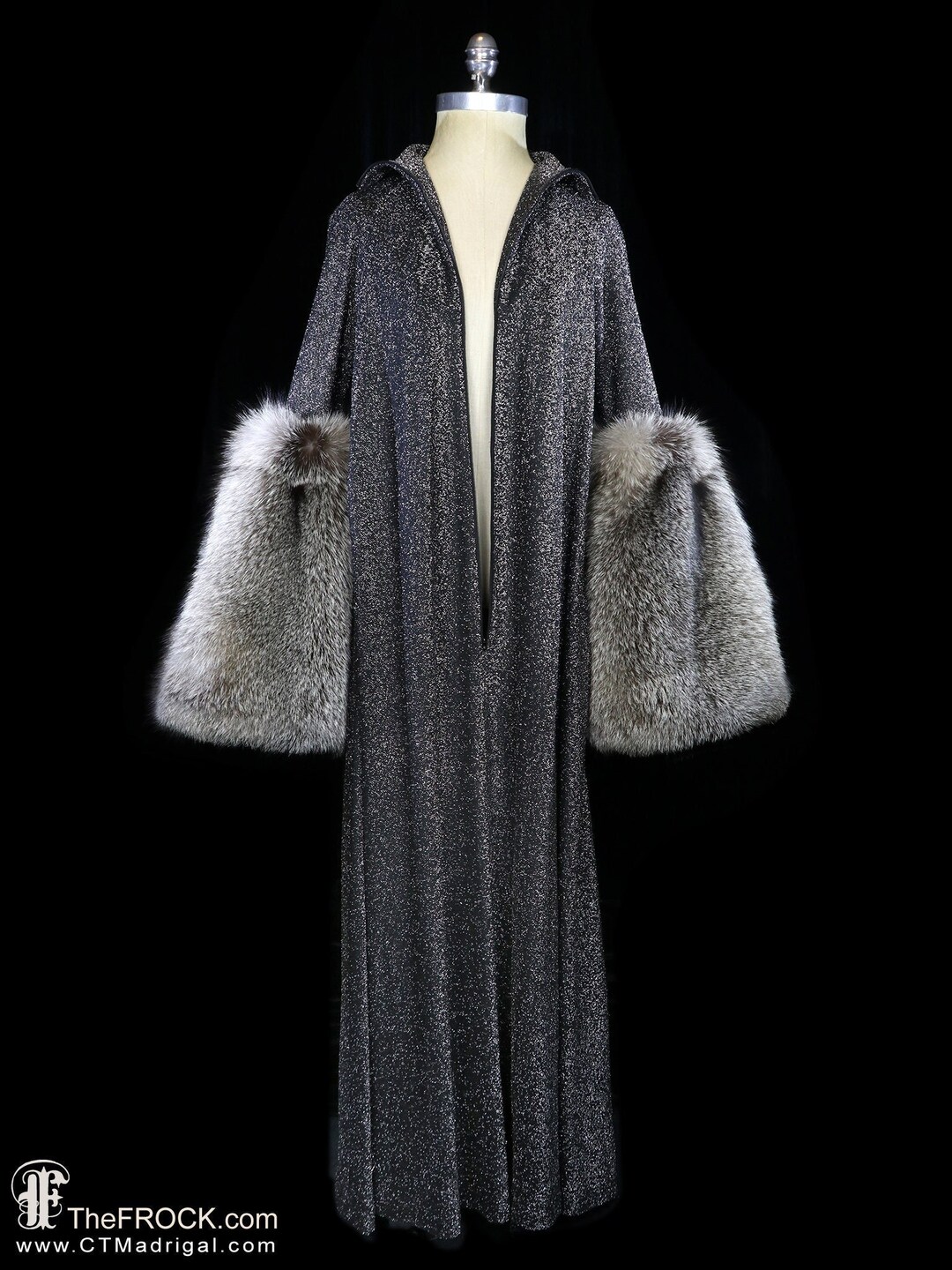HALSTON Maxi Dress, Silver Gray Black Lurex Gown Caftan Kaftan