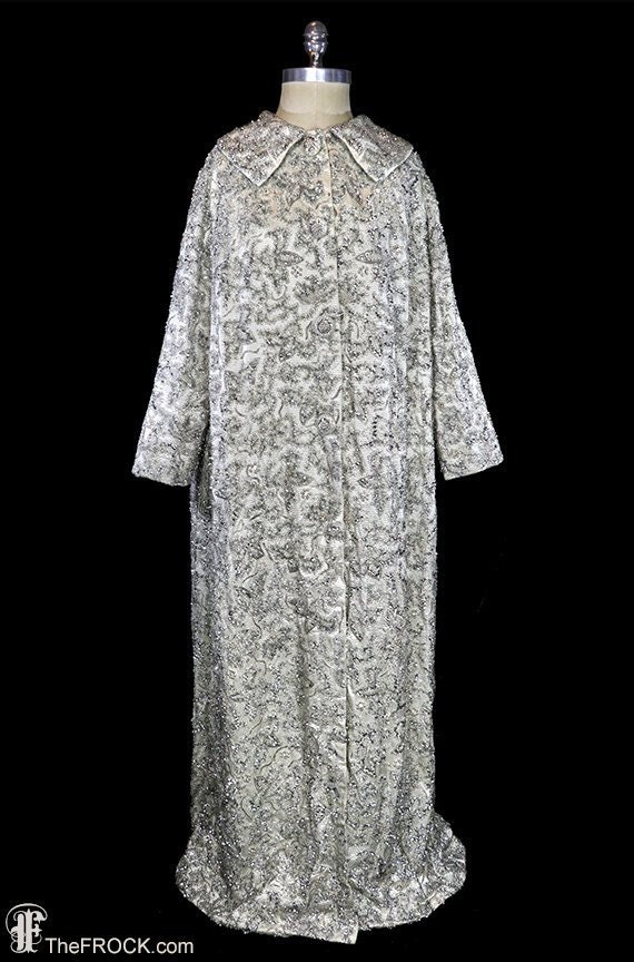 Long vintage beaded coat, silver silk satin evening jacket, opera, crystal rhinestone sequin pearls jeweled, metallic, long sleeves 1950s