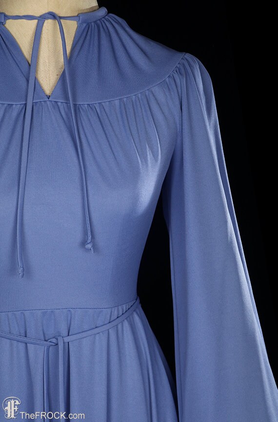 Halston poly jersey maxi dress, vintage grecian goddess gown, long bishop sleeves, belted waist tie, blue jersey knit designer