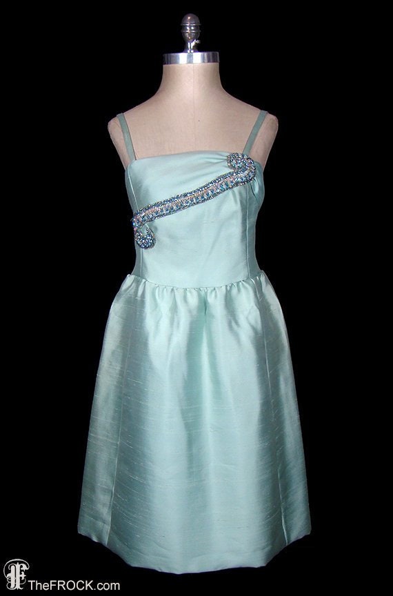 Bonwit Teller cocktail dress, aqua silk shantung … - image 1