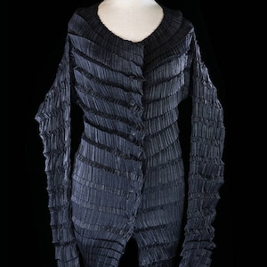 Issey Miyake coat, black, avant garde pleated jacket, Japanese couture, origami pleats, goth gothic, Morticia Addams, main line