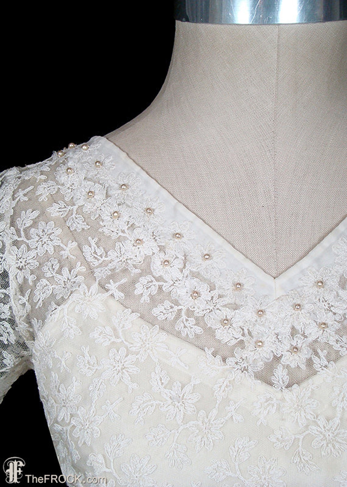 1950s Embroidered Mixed Lace Formal or Wedding Dress, Pearl Beads ...