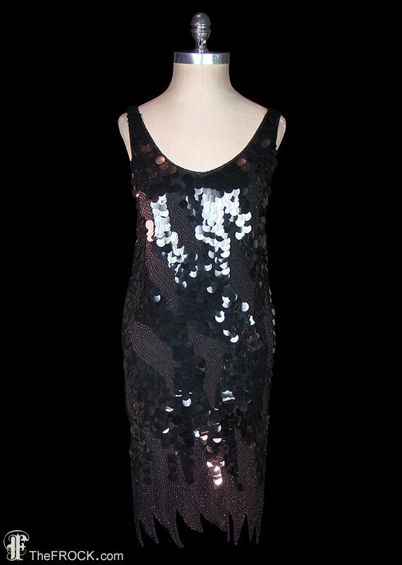 Saks Black Paillette Dress Glass Seed Bead Sleeveless Tank, Cocktail, Party, Dancing, Evening Dress, Flapper Style Flame Hem 5th Avenue