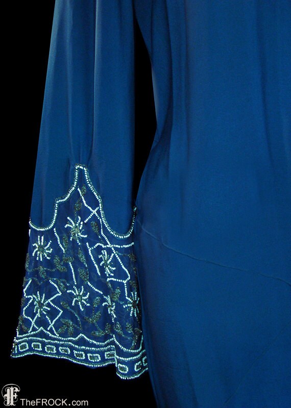 Flapper era dress, 1920s art-deco gown, beaded blue crepe, Great Gatsby style, authentic antique couture, heavily beaded sleeve cuffs