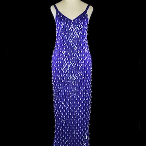 70s blue silk georgette gown sequined pearl fringe beaded sleeveless tank dress bombshell red carpet floor length formal bright color