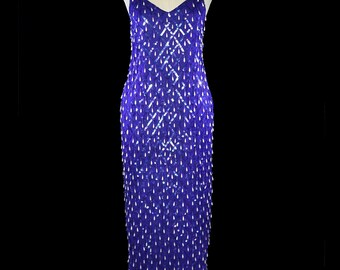 70s blue silk georgette gown sequined pearl fringe beaded sleeveless tank dress bombshell red carpet floor length formal bright color