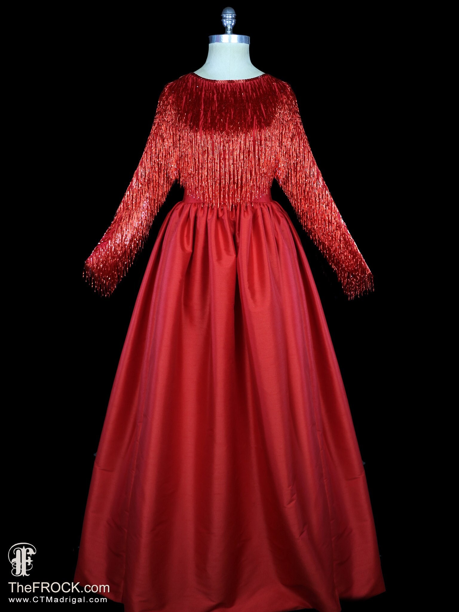 Andre Van Pier Perlen Fransen Kleid mit roten Perlen lange Ärmel Maxi Kleid couture Abend roter Teppich 1980er 80er Jahre schwer perlenbesetztes Ballkleid großer voller Rock