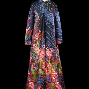 1970s zip front caftan cover up hostess maxi dress, boho bohemian mod lounge festival kaftan 1960 1980 pool coverup peacock long sleeve