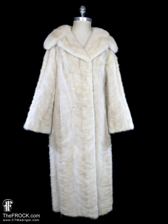 Long GALANOS mink coat, ivory winter white fur lon