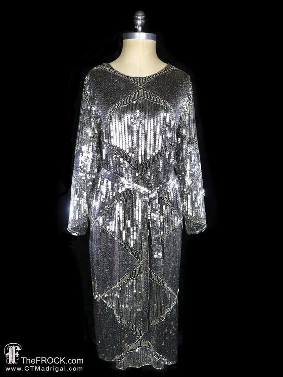 Halston sequined evening dress, belted silver met… - image 1