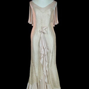 1930 antique lace wedding dress, sleeveless silk chiffon, mermaid hem, romantic silk flower bouquet, feminine cape caped back, art deco