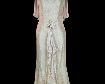 1930 antique lace wedding dress, sleeveless silk chiffon, mermaid hem, romantic silk flower bouquet, feminine cape caped back, art deco