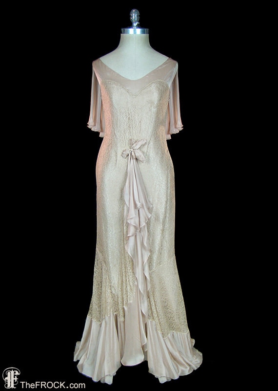 1930 antique lace wedding dress, sleeveless silk chif… - Gem