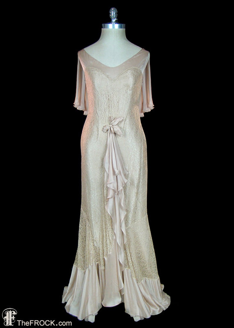 1930 antique lace wedding dress, sleeveless silk chiffon, mermaid hem, romantic silk flower bouquet, feminine cape caped back, art deco image 1