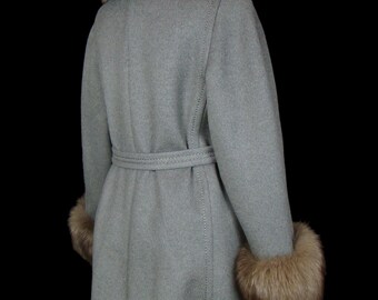 Vintage Valentino Coat, Big Fox Fur Collar, Soft Gray Wool Flannel