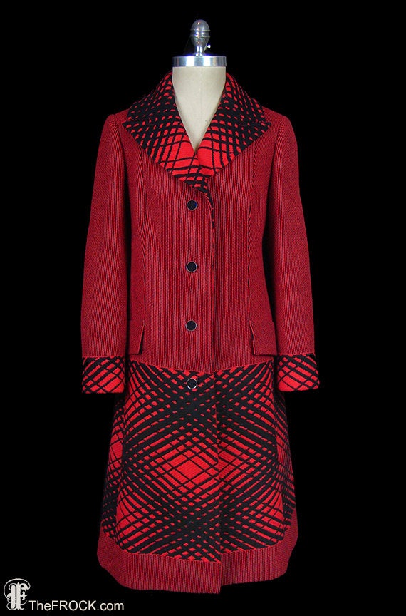 Vintage Yves Saint Laurent red black wool plaid c… - image 1