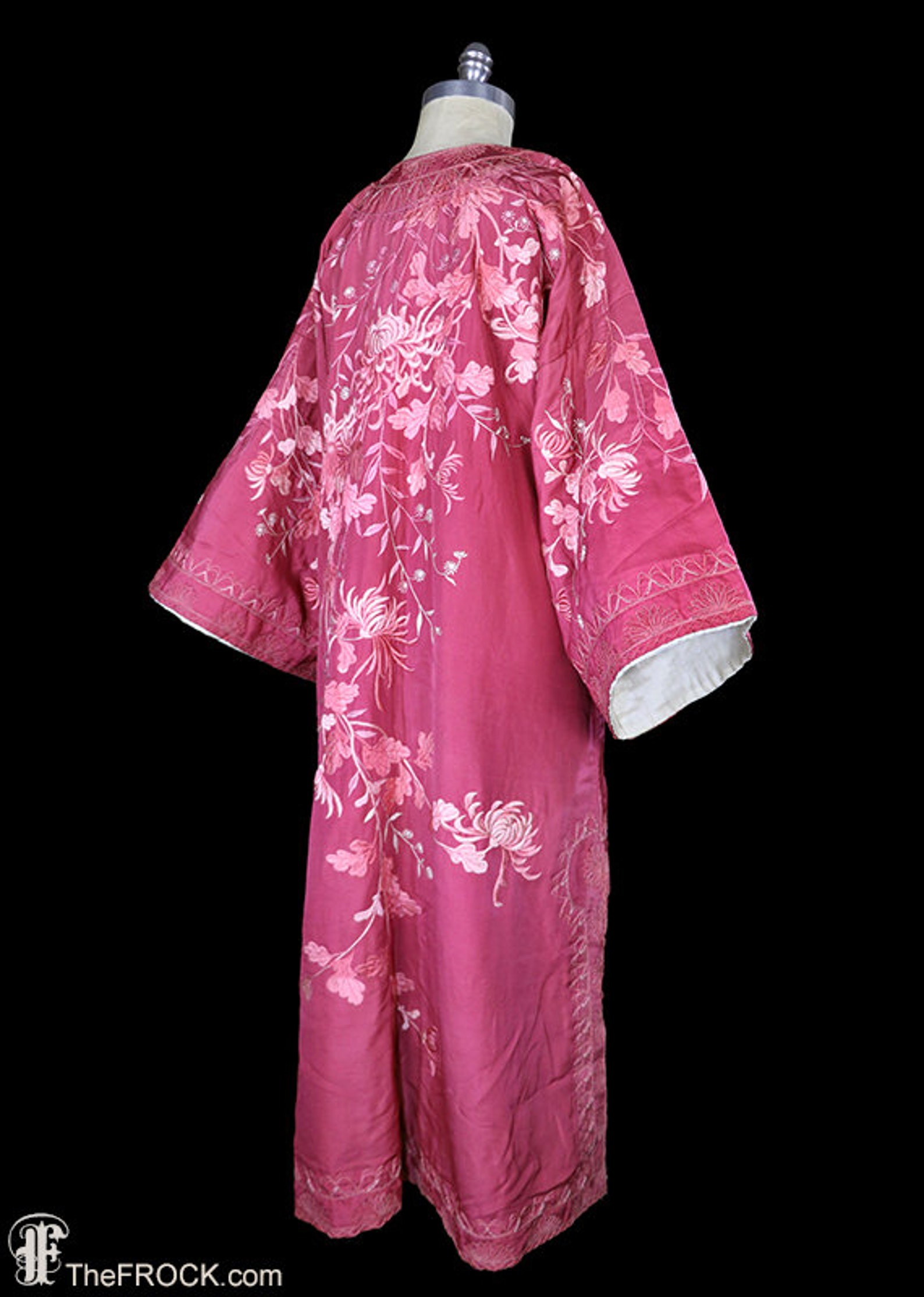Antique Kimono Robe, Embroidered Silk, Rose Red, Ivory, Frog Closures ...