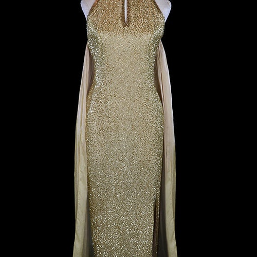 Halston Beaded Gown Gold Glass Halter Gown Silk Chiffon - Etsy
