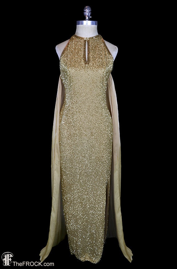 Halston beaded gown, gold glass halter gown, silk… - image 1