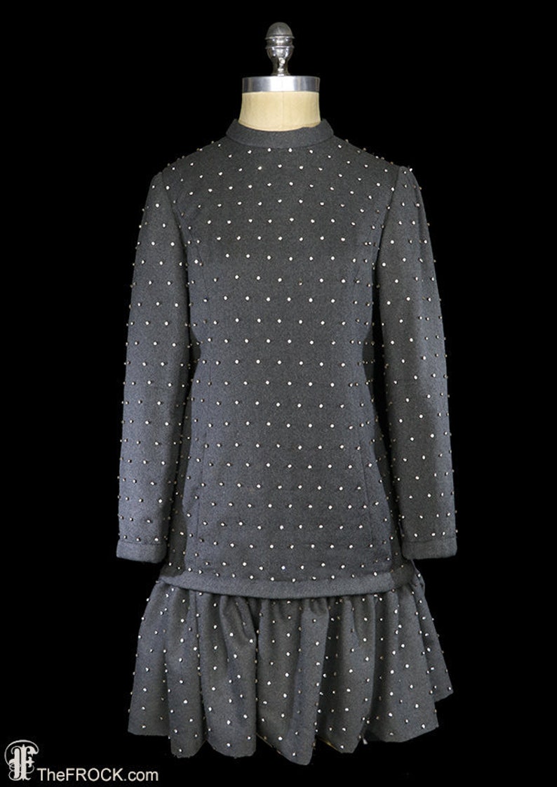 Teal Traina rhinestone gray wool dress, 1960s 1970s mod dress, long sleeve, beaded jeweled, drop waist short skirt, Norell Cardin style image 1