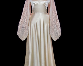 Brautkleid 1930er Jahre Vintage Art-Deco Seide Charmeuse Satin Brautkleid bestickte Spitze Dichter Bischof Ärmel, eingearbeitet