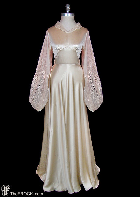 Wedding dress 1930s vintage art-deco silk charmeuse satin bridal gown embroidered lace poet bishop sleeves, trained