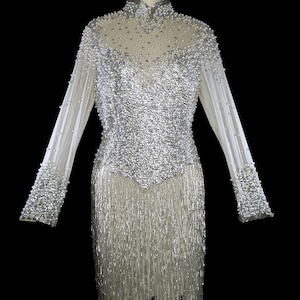 Bob Mackie beaded fringe dress long sleeve cocktail gown beige tan ivory silk chiffon vintage couture red carpet party reception silver