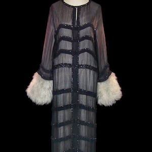 1920s 1930s art deco flapper dress,  jet beaded black silk chiffon, big fur cuffs, silk lined, antique couture gown