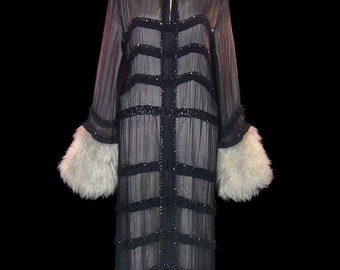 1920s 1930s art deco flapper dress,  jet beaded black silk chiffon, big fur cuffs, silk lined, antique couture gown