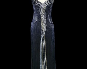 Vestido de Bob Mackie con cuentas, vestido negro de gasa de seda sin mangas ni tirantes, estilo vintage de alta costura para la alfombra roja.