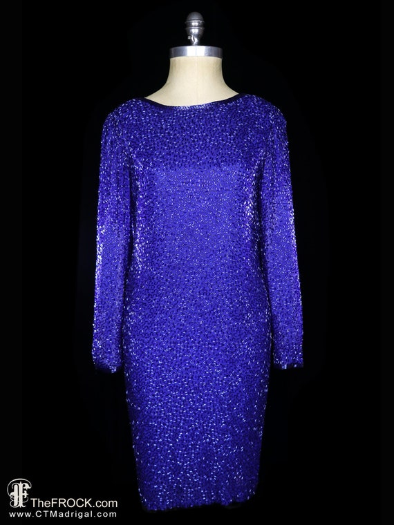 I. MAGNIN beaded dress, blue beaded gown long slee