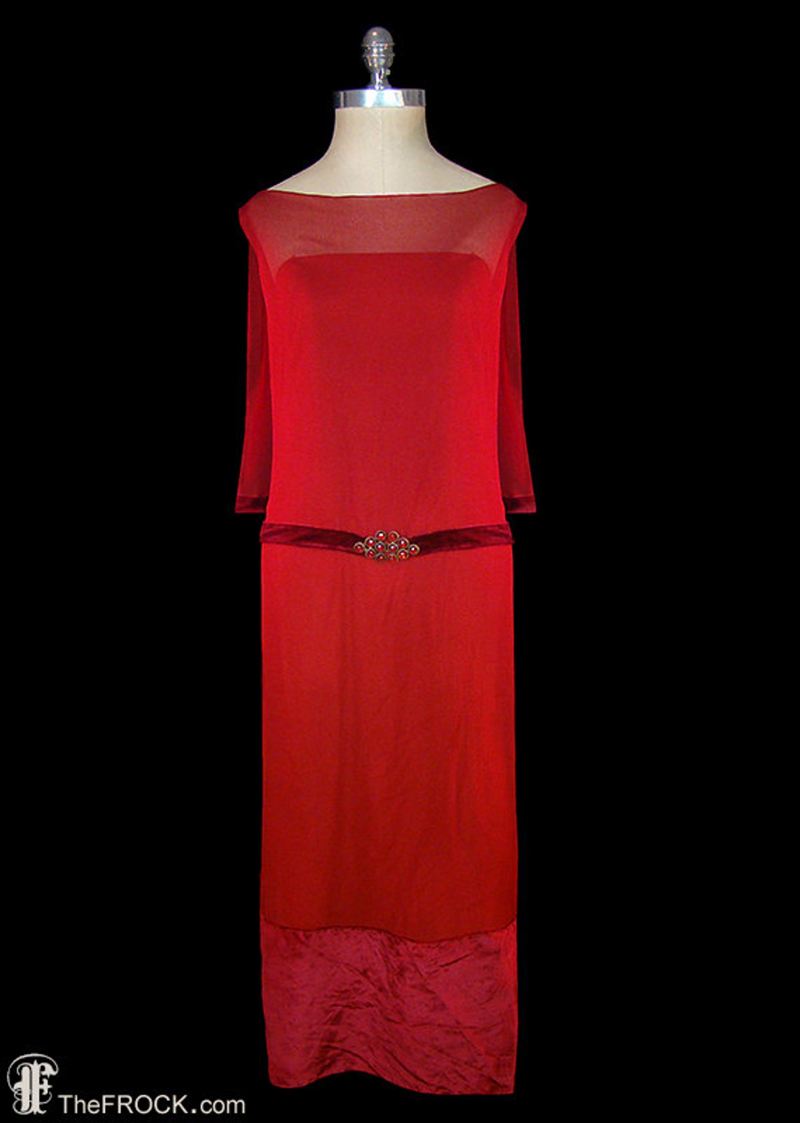Capebacked Flapper Dress, 1920s Red Silk Chiffon & Velvet, Artdeco