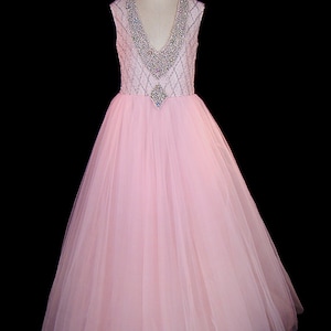 Martha Phillips vintage evening or wedding dress, sleeveless pink beaded gown, big tulle skirt, couture, red carpet, runway, rhinestones