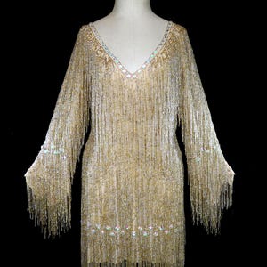 Roberto Cavalli gold beaded fringe dress jeweled long sleeve cocktail gown metallic couture evening red carpet bodycon party reception dress