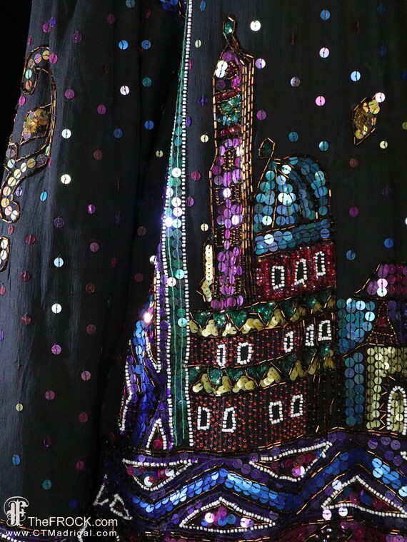 Cityscape Beaded Jacket, Black Silk Day or Evening Coat, Heavily