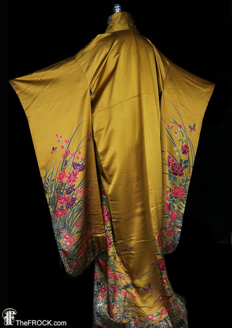 Bronze Silk Kimono, Robe or Coat or Dressing Gown, Floral Furisode