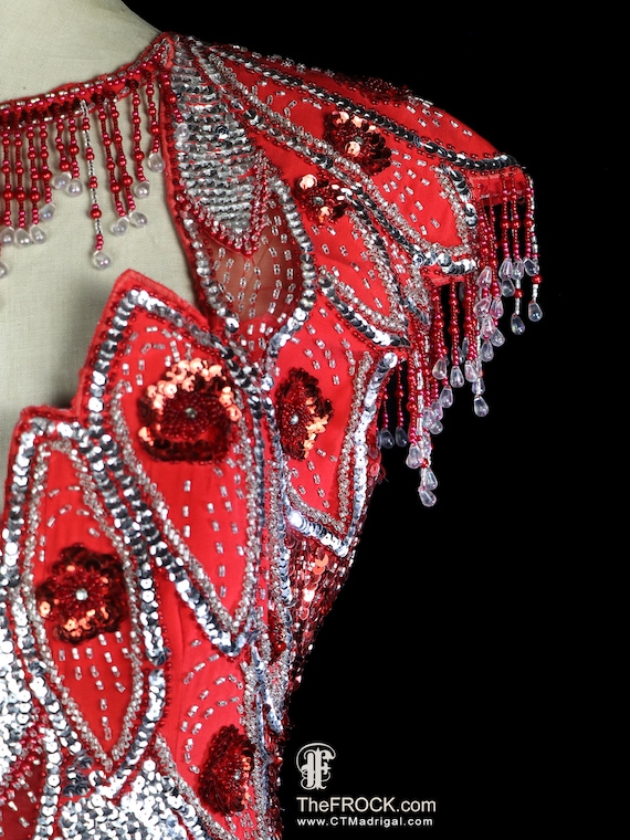 Red sequin gown beaded fringe dress, sleeveless r… - image 4