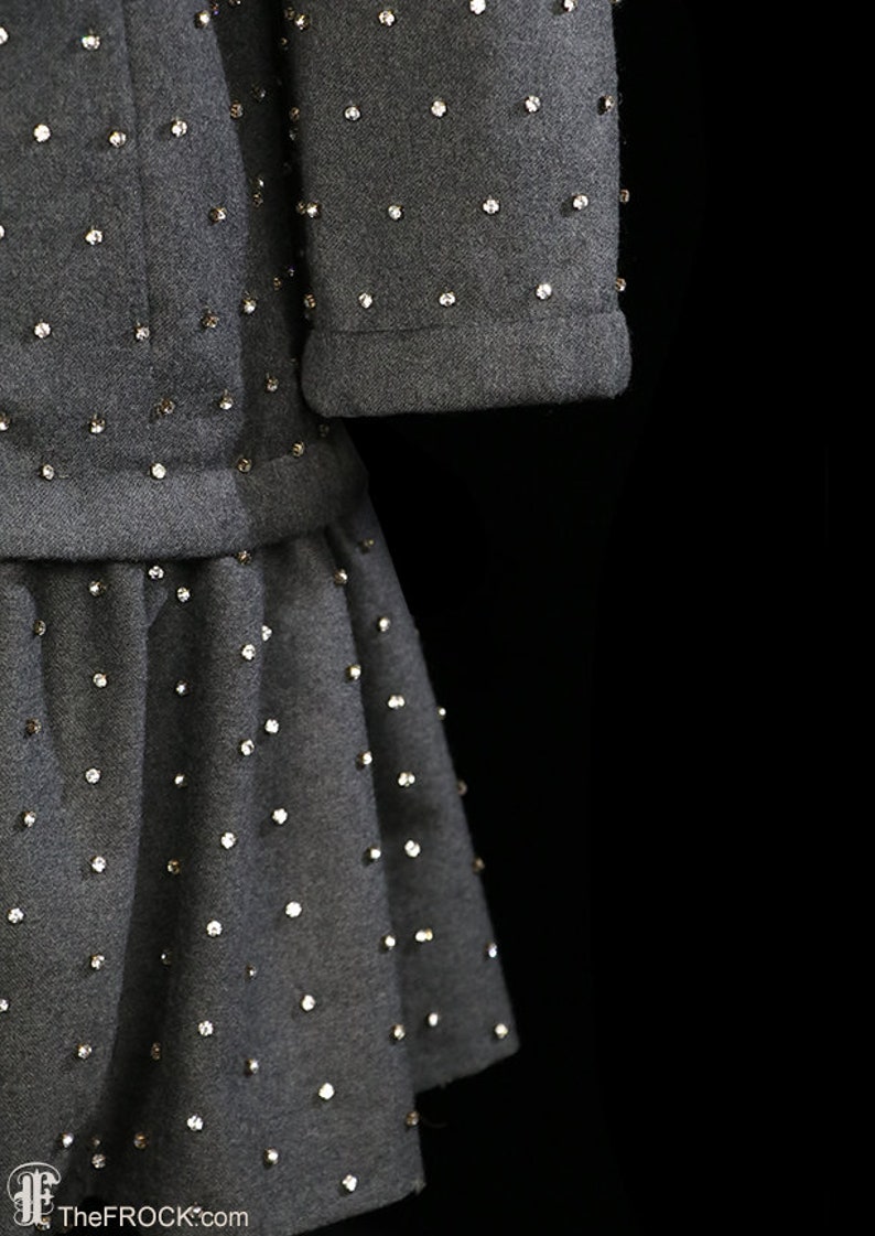 Teal Traina rhinestone gray wool dress, 1960s 1970s mod dress, long sleeve, beaded jeweled, drop waist short skirt, Norell Cardin style image 3