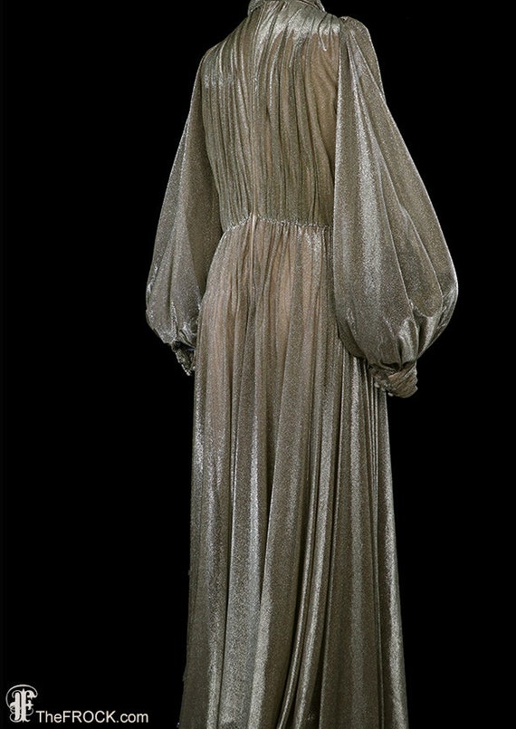 Luis Estevez Maxi Dress, Gold Metallic Gown, Bishop Sleeves, 1960s