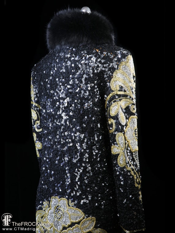 Beaded jacket with fox fur collar, black gold met… - image 4