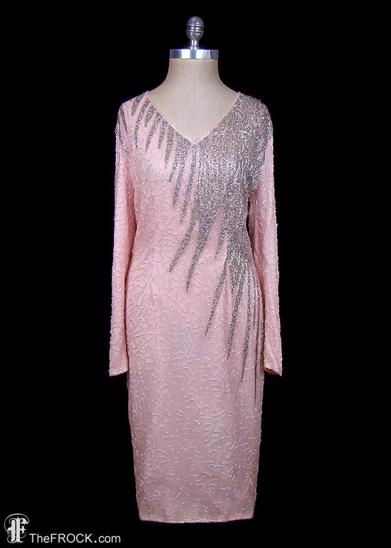 Halston Beaded Silk Dress Pink Silver Evening Cocktail Gown | Etsy