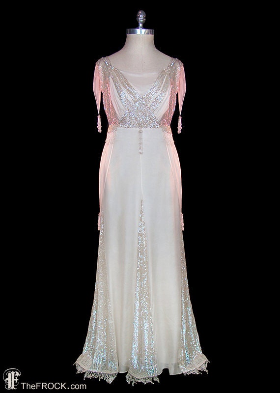 Wedding Dress Antique Edwardian Sequined Beaded Ivory Silk