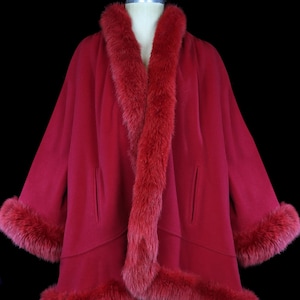 Vintage Valentino red cashmere cape-like coat, fox fur collar cuffs trim jacket French designer couture swing jacket one size