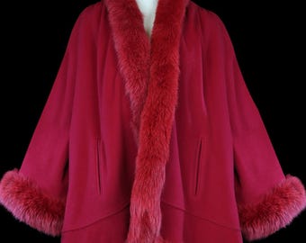 Vintage Valentino Red Cashmere Cape-like Coat, Fox Fur Collar