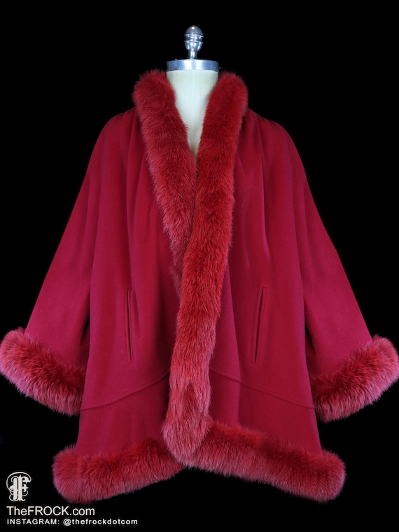 Vintage Valentino Red Cashmere Cape-like Coat, Fox Fur Collar